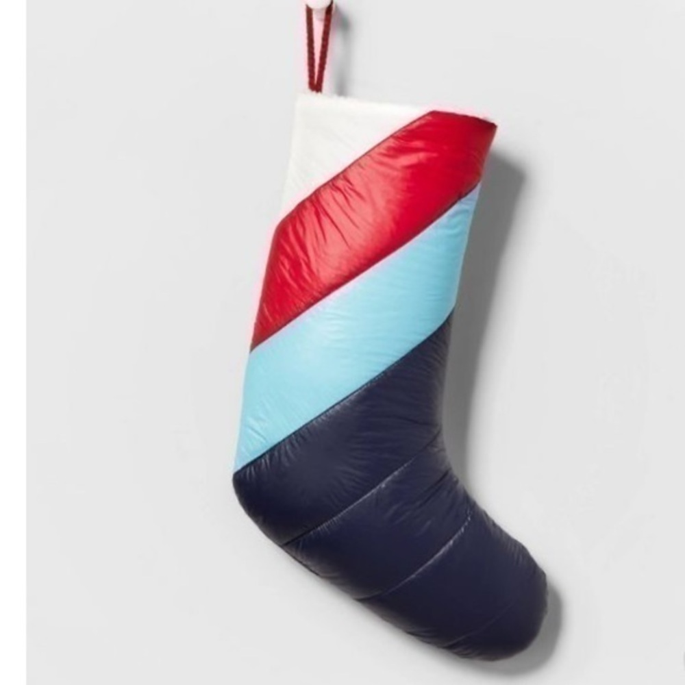 Wondershop Christmas Stocking Blue Red Puffer Sherpa Lining Retro 80s Holiday